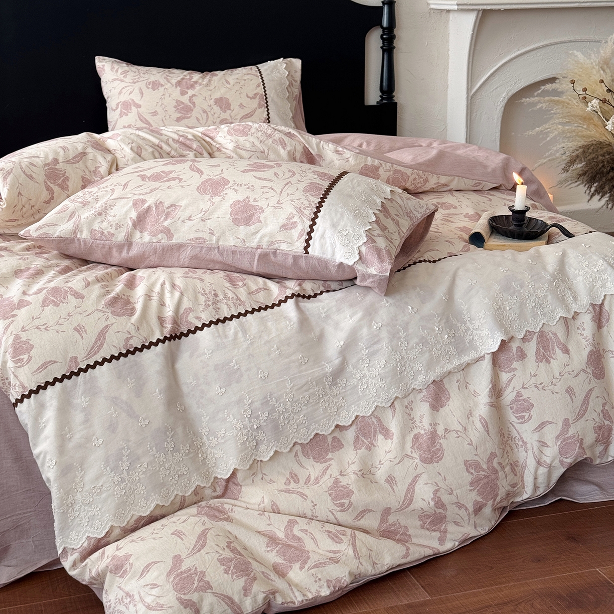 91家纺网 家纺一手货源 找家纺 淑女公社家纺 2026新款法式立体蝴蝶花边棉麻四件套 秋棠 红