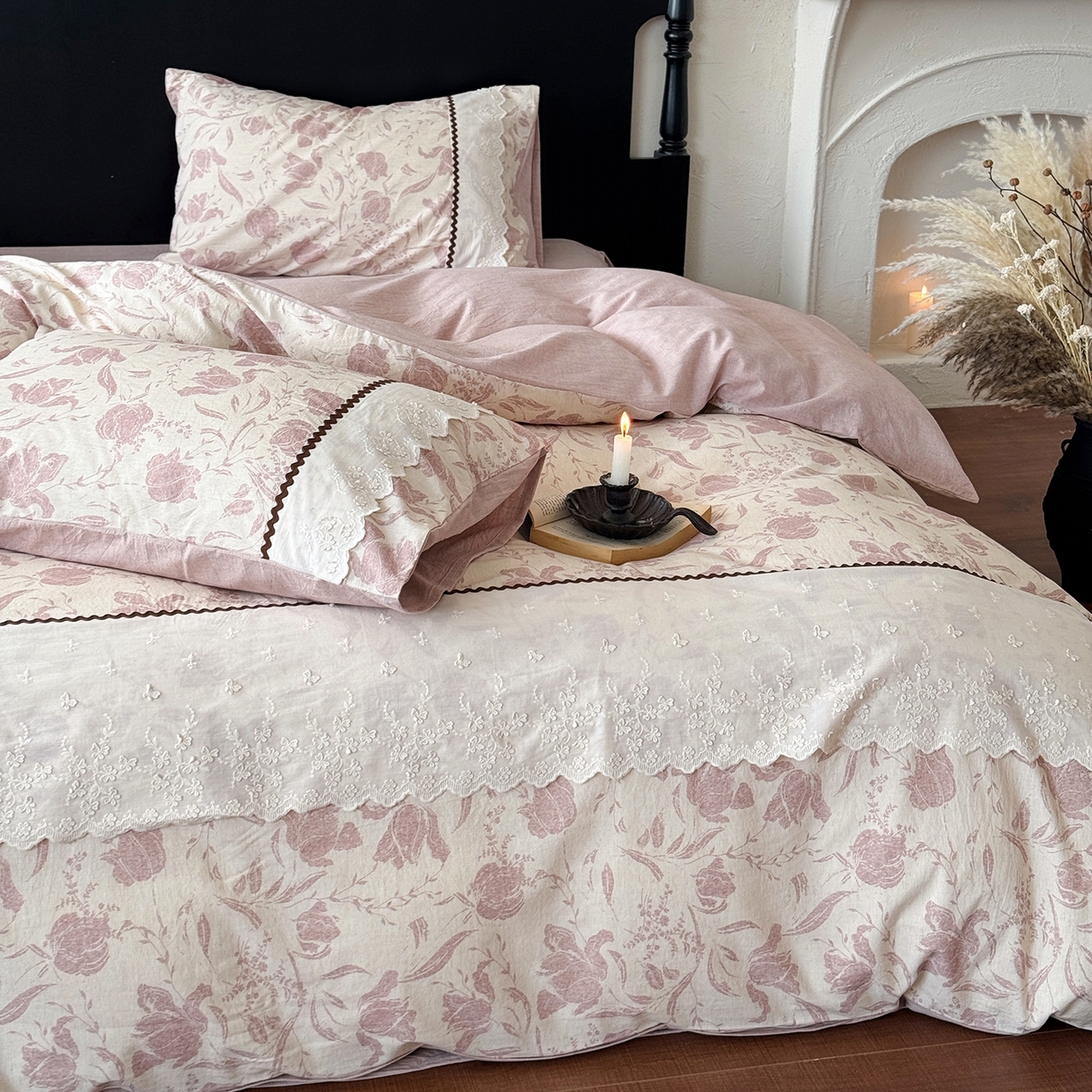 91家纺网 家纺一手货源 找家纺 淑女公社家纺 2026新款法式立体蝴蝶花边棉麻四件套 秋棠 红