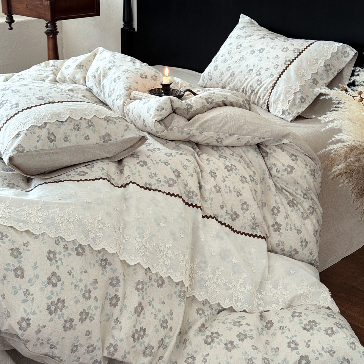 91家纺网 家纺一手货源 找家纺 淑女公社家纺 2026新款法式立体蝴蝶花边棉麻四件套 花香满园 绿