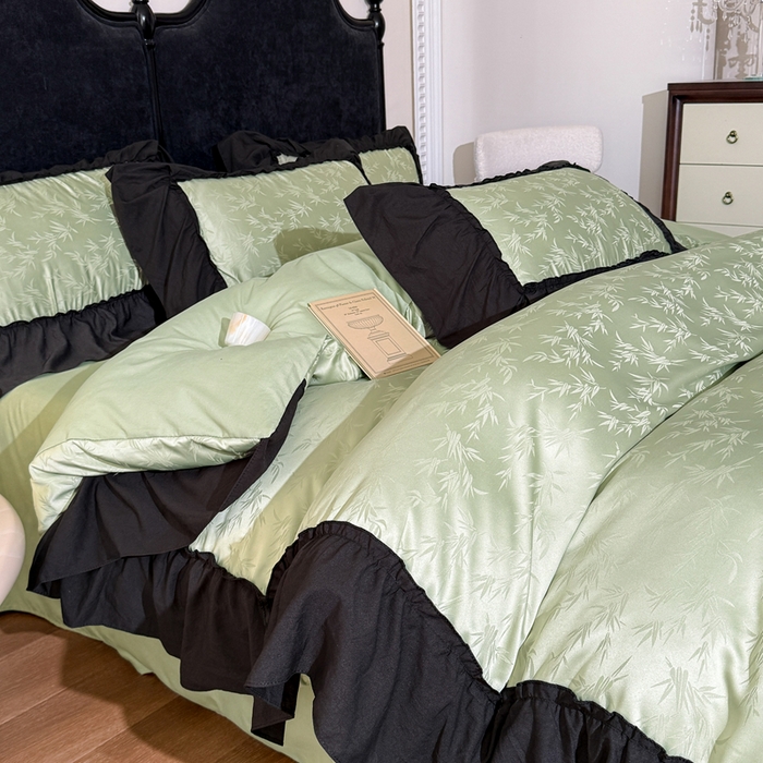 91家纺网 家纺一手货源 找家纺 你好美丽 2026新款提花水洗棉大宽边四件套-诺澜系列 诺澜绿