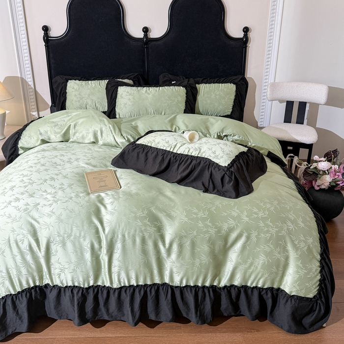 91家纺网 家纺一手货源 找家纺 你好美丽 2026新款提花水洗棉大宽边四件套-诺澜系列 诺澜绿