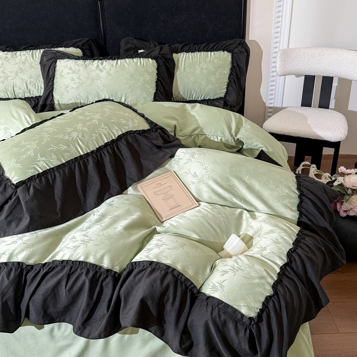 91家纺网 家纺一手货源 找家纺 你好美丽 2026新款提花水洗棉大宽边四件套-诺澜系列 诺澜绿