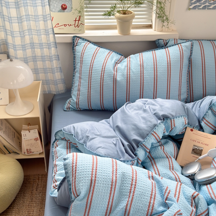 91家纺网 家纺一手货源 找家纺 曼之夏 2026新款A类全棉华夫格提花贝壳边四件套 风月-兰