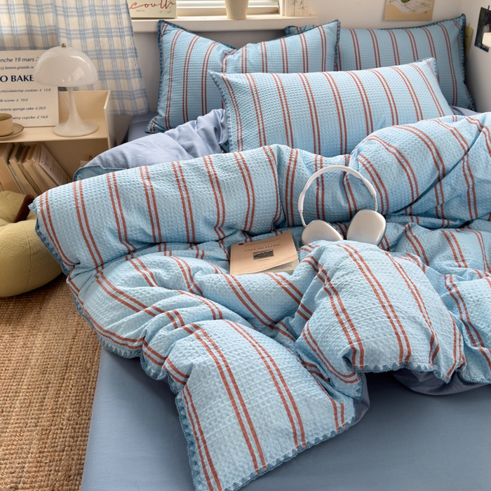 91家纺网 家纺一手货源 找家纺 曼之夏 2026新款A类全棉华夫格提花贝壳边四件套 风月-兰