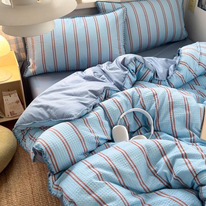 91家纺网 家纺一手货源 找家纺 曼之夏 2026新款A类全棉华夫格提花贝壳边四件套 风月-兰