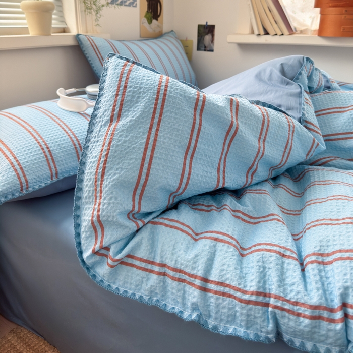 91家纺网 家纺一手货源 找家纺 曼之夏 2026新款A类全棉华夫格提花贝壳边四件套 风月-兰