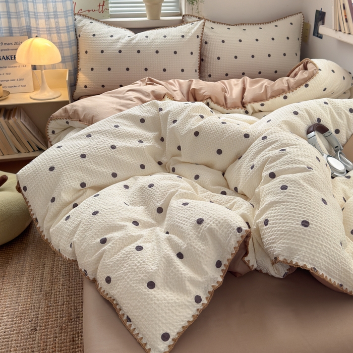 91家纺网 家纺一手货源 找家纺 曼之夏 2026新款A类全棉华夫格提花贝壳边四件套 卡布-白