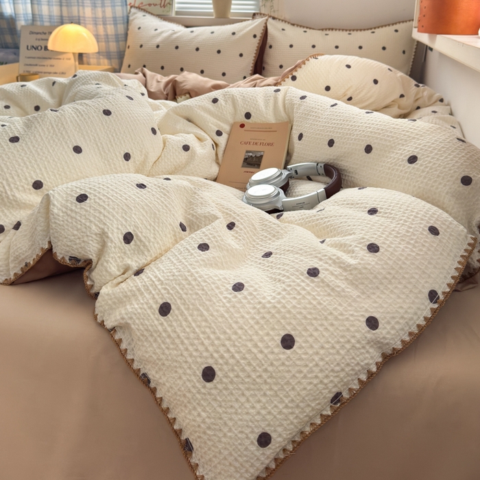 91家纺网 家纺一手货源 找家纺 曼之夏 2026新款A类全棉华夫格提花贝壳边四件套 卡布-白