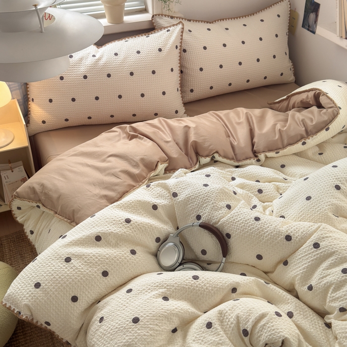 91家纺网 家纺一手货源 找家纺 曼之夏 2026新款A类全棉华夫格提花贝壳边四件套 卡布-白