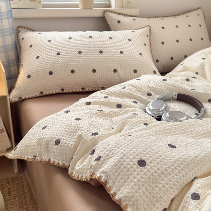 91家纺网 家纺一手货源 找家纺 曼之夏 2026新款A类全棉华夫格提花贝壳边四件套 卡布-白