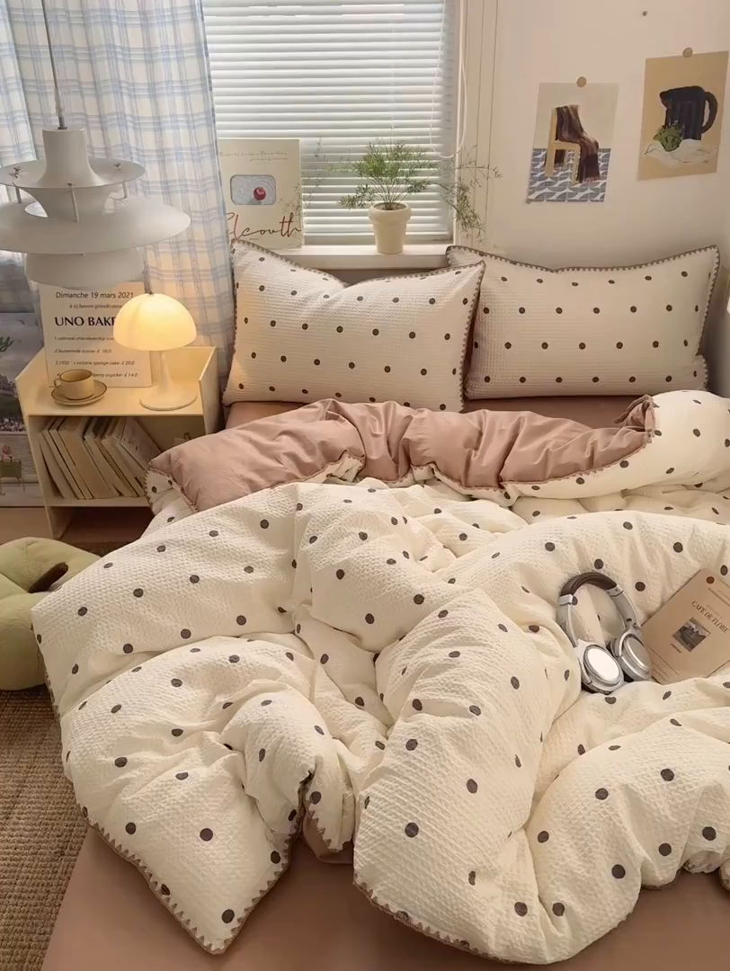 91家纺网 家纺一手货源 找家纺 曼之夏 2026新款A类全棉华夫格提花贝壳边四件套 卡布-白