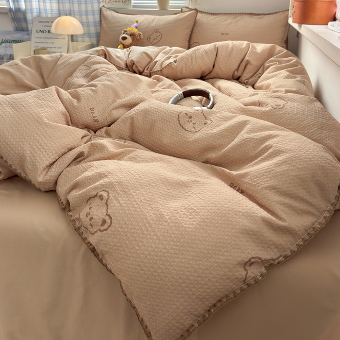 91家纺网 家纺一手货源 找家纺 曼之夏 2026新款A类全棉华夫格提花贝壳边四件套 萌动时光-咖