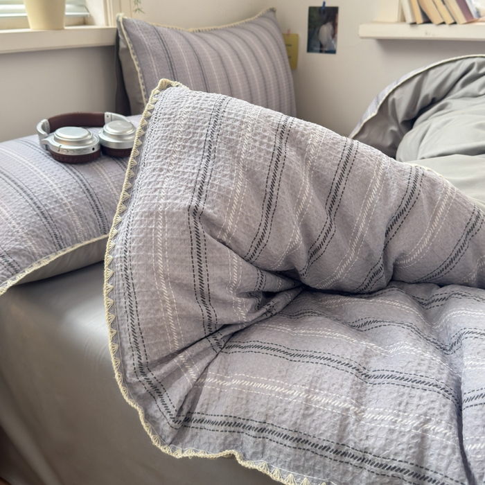 91家纺网 家纺一手货源 找家纺 曼之夏 2026新款A类全棉华夫格提花贝壳边四件套 派克-灰