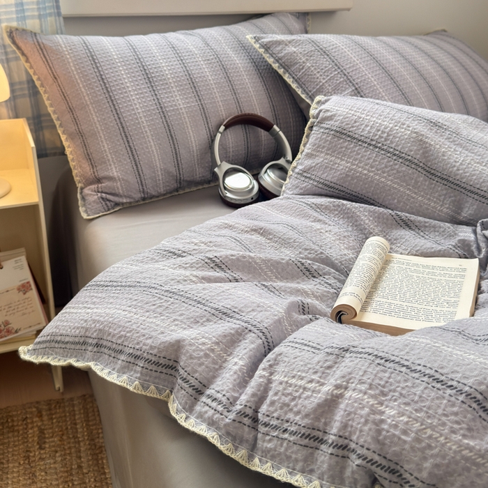 曼之夏 2026新款A类全棉华夫格提花贝壳边四件套 派克-灰