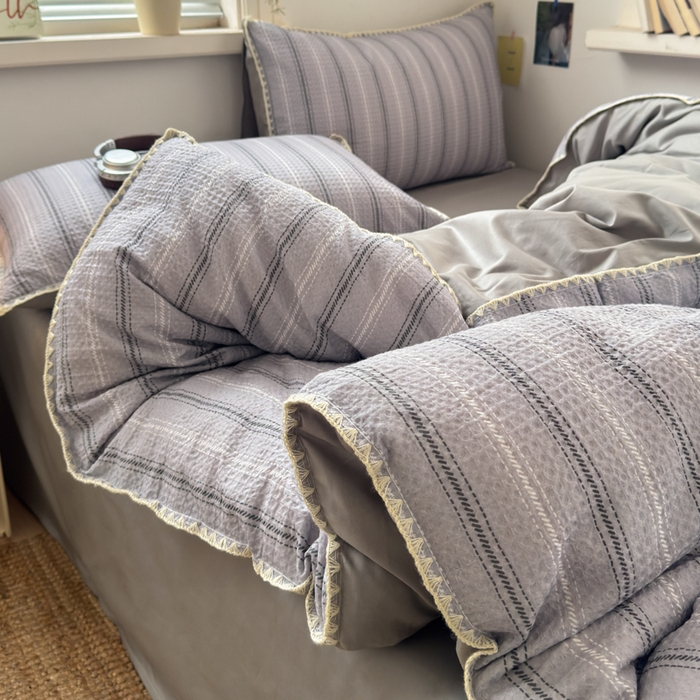 91家纺网 家纺一手货源 找家纺 曼之夏 2026新款A类全棉华夫格提花贝壳边四件套 派克-灰