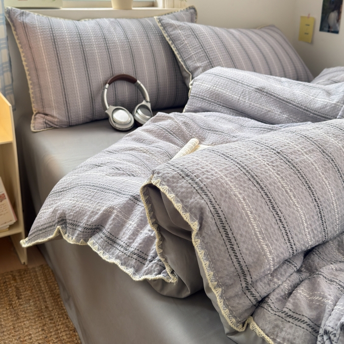 91家纺网 家纺一手货源 找家纺 曼之夏 2026新款A类全棉华夫格提花贝壳边四件套 派克-灰