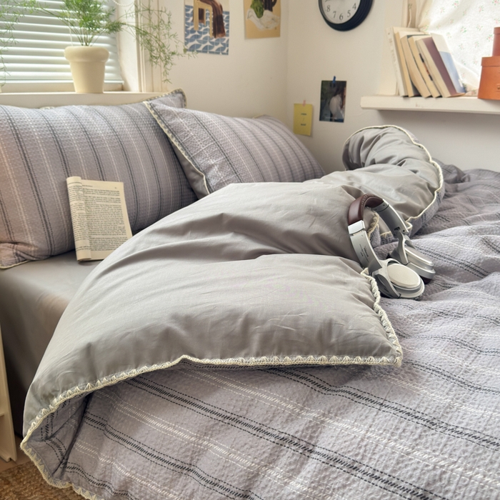 91家纺网 家纺一手货源 找家纺 曼之夏 2026新款A类全棉华夫格提花贝壳边四件套 派克-灰