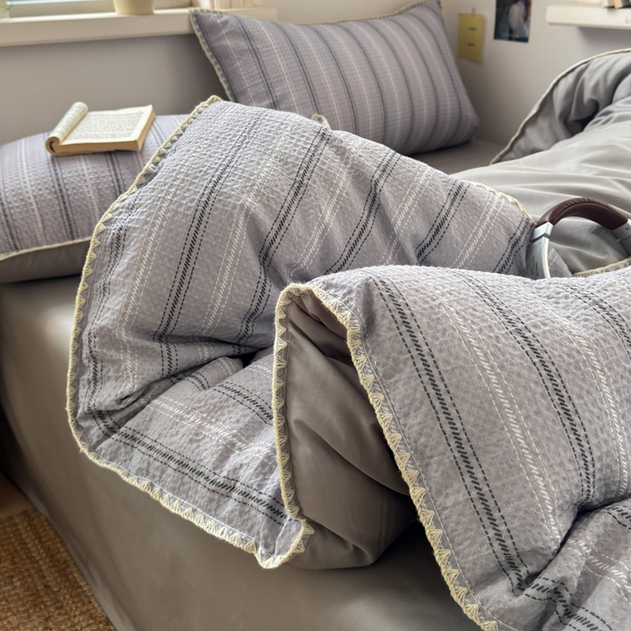 91家纺网 家纺一手货源 找家纺 曼之夏 2026新款A类全棉华夫格提花贝壳边四件套 派克-灰