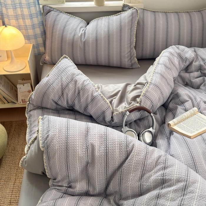 91家纺网 家纺一手货源 找家纺 曼之夏 2026新款A类全棉华夫格提花贝壳边四件套 派克-灰