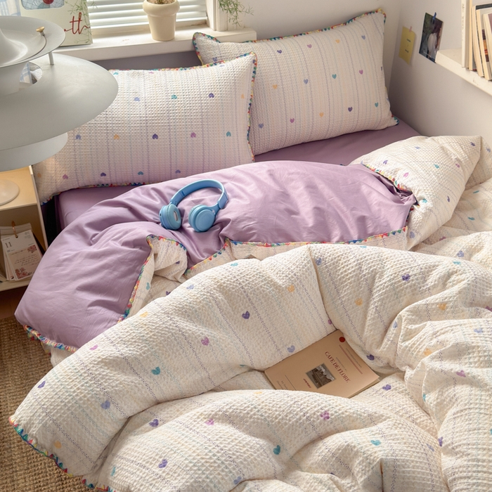 91家纺网 家纺一手货源 找家纺 曼之夏 2026新款A类全棉华夫格提花贝壳边四件套 伊柠