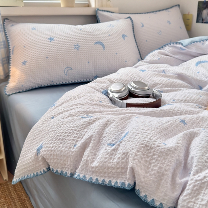 曼之夏 2026新款A类全棉华夫格提花贝壳边四件套 云梦星河-兰
