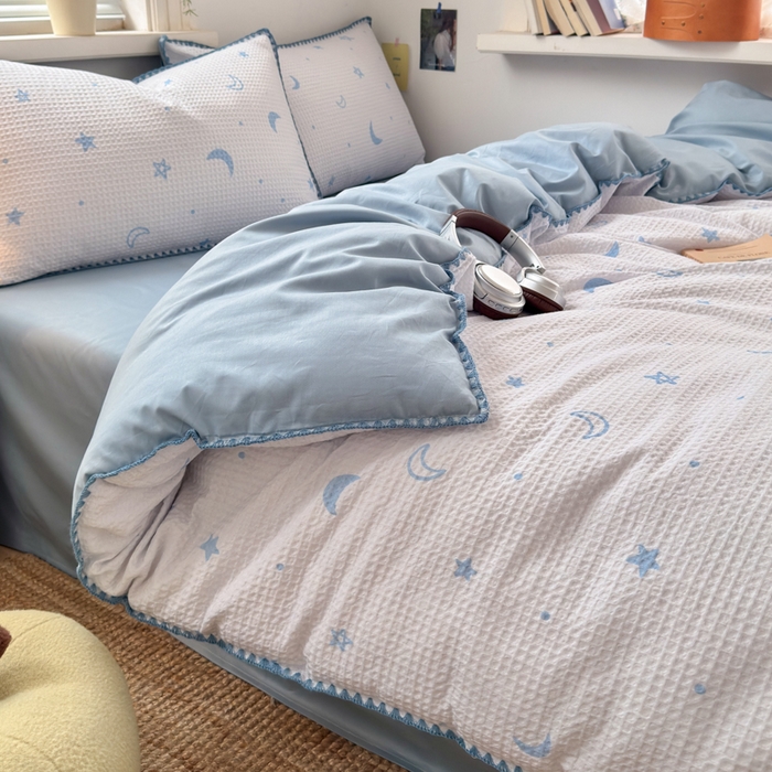 91家纺网 家纺一手货源 找家纺 曼之夏 2026新款A类全棉华夫格提花贝壳边四件套 云梦星河-兰