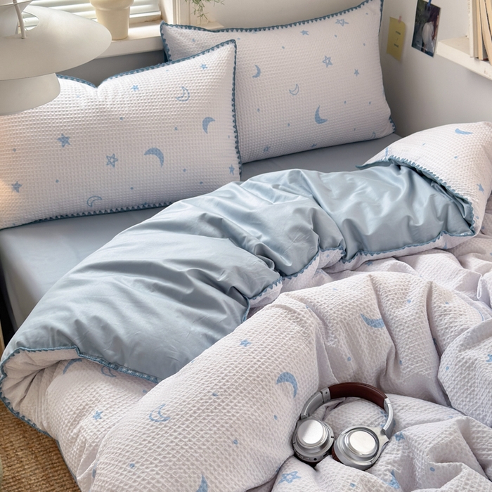 91家纺网 家纺一手货源 找家纺 曼之夏 2026新款A类全棉华夫格提花贝壳边四件套 云梦星河-兰