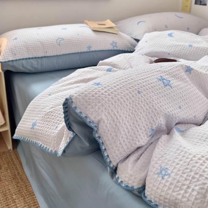 91家纺网 家纺一手货源 找家纺 曼之夏 2026新款A类全棉华夫格提花贝壳边四件套 云梦星河-兰