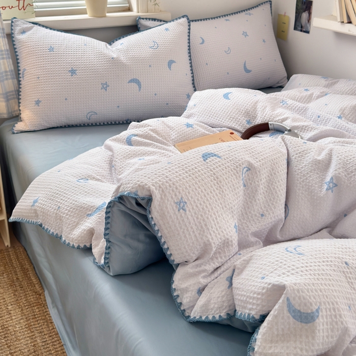 91家纺网 家纺一手货源 找家纺 曼之夏 2026新款A类全棉华夫格提花贝壳边四件套 云梦星河-兰