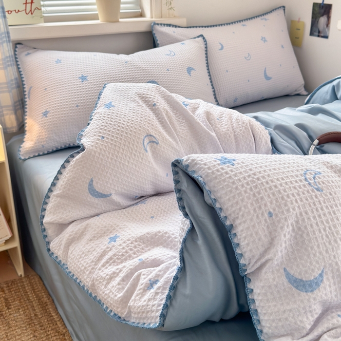 91家纺网 家纺一手货源 找家纺 曼之夏 2026新款A类全棉华夫格提花贝壳边四件套 云梦星河-兰