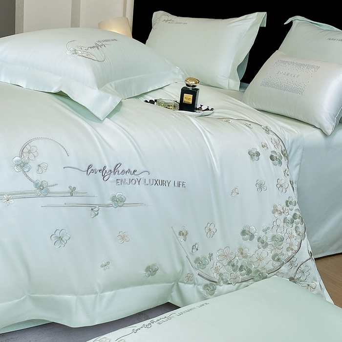 91家纺网 家纺一手货源 找家纺 欣宜家纺 2026春夏新款60支A类新疆长绒棉刺绣轻奢风四件套 樱花-清香绿