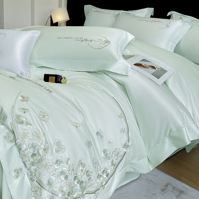 91家纺网 家纺一手货源 找家纺 欣宜家纺 2026春夏新款60支A类新疆长绒棉刺绣轻奢风四件套 樱花-清香绿