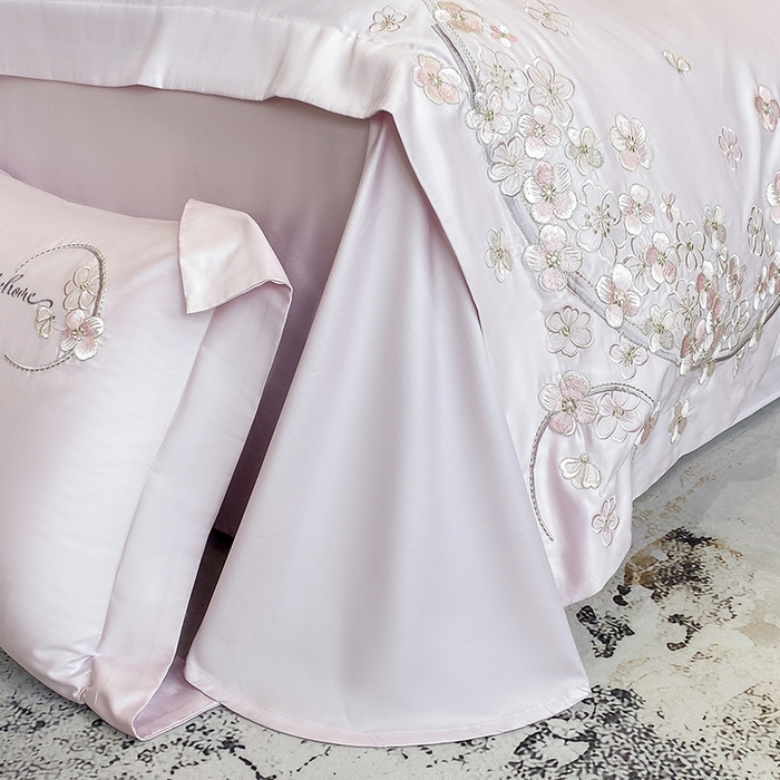 91家纺网 家纺一手货源 找家纺 欣宜家纺 2026春夏新款60支A类新疆长绒棉刺绣轻奢风四件套 樱花-香芋紫