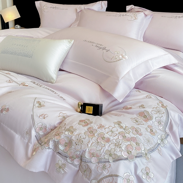 欣宜家纺 2026春夏新款60支A类新疆长绒棉刺绣轻奢风四件套 樱花-香芋紫