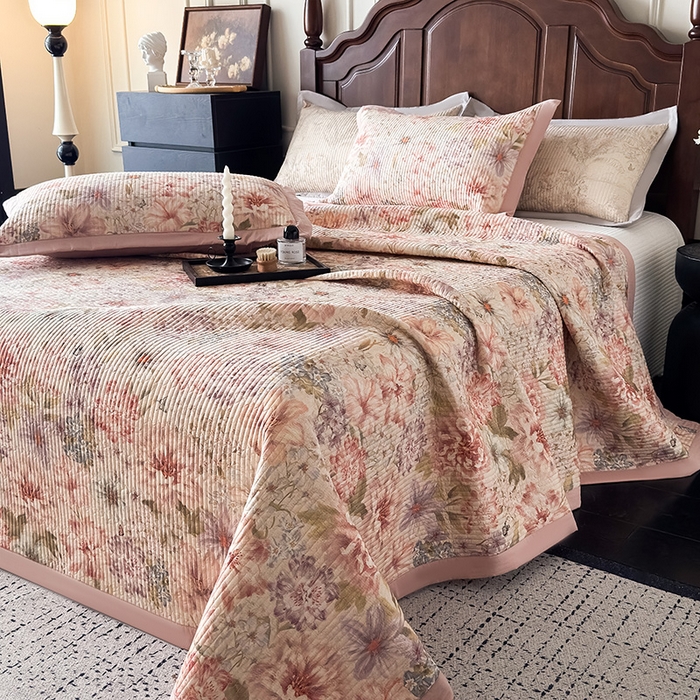 91家纺网 家纺一手货源 找家纺 yyds网供 2026春夏季A类全棉水洗棉夹棉床盖三件套绗缝印花卉ins风四季通用多功能榻榻米 会员优惠 A层全棉+B层羽丝棉+C层全棉 这个价格为销售控价 繁花梦语-印花