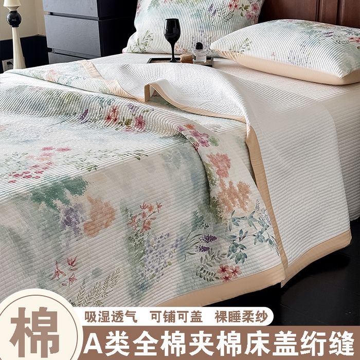yyds网供 2026春夏季A类全棉水洗棉夹棉床盖三件套绗缝印花卉ins风四季通用多功能榻榻米 会员优惠 A层全棉+B层羽丝棉+C层全棉 这个价格为销售控价 春日絮语-印花
