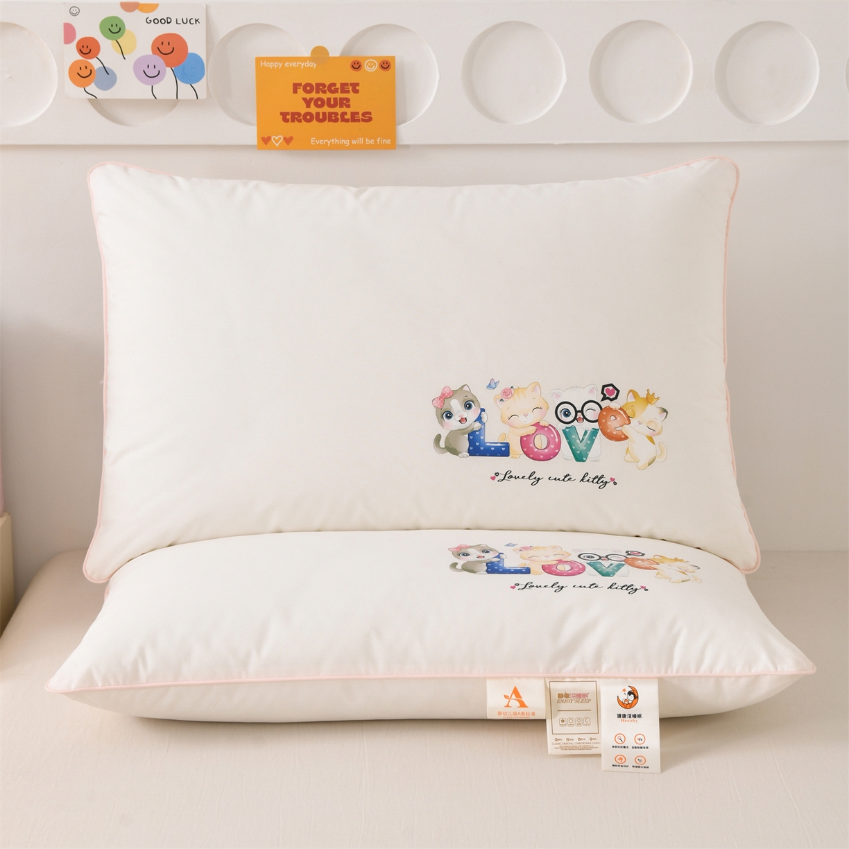 91家纺网 家纺一手货源 找家纺 织布人 2026新款A类全棉卡通软枕枕头枕芯 LOVE小猫咪