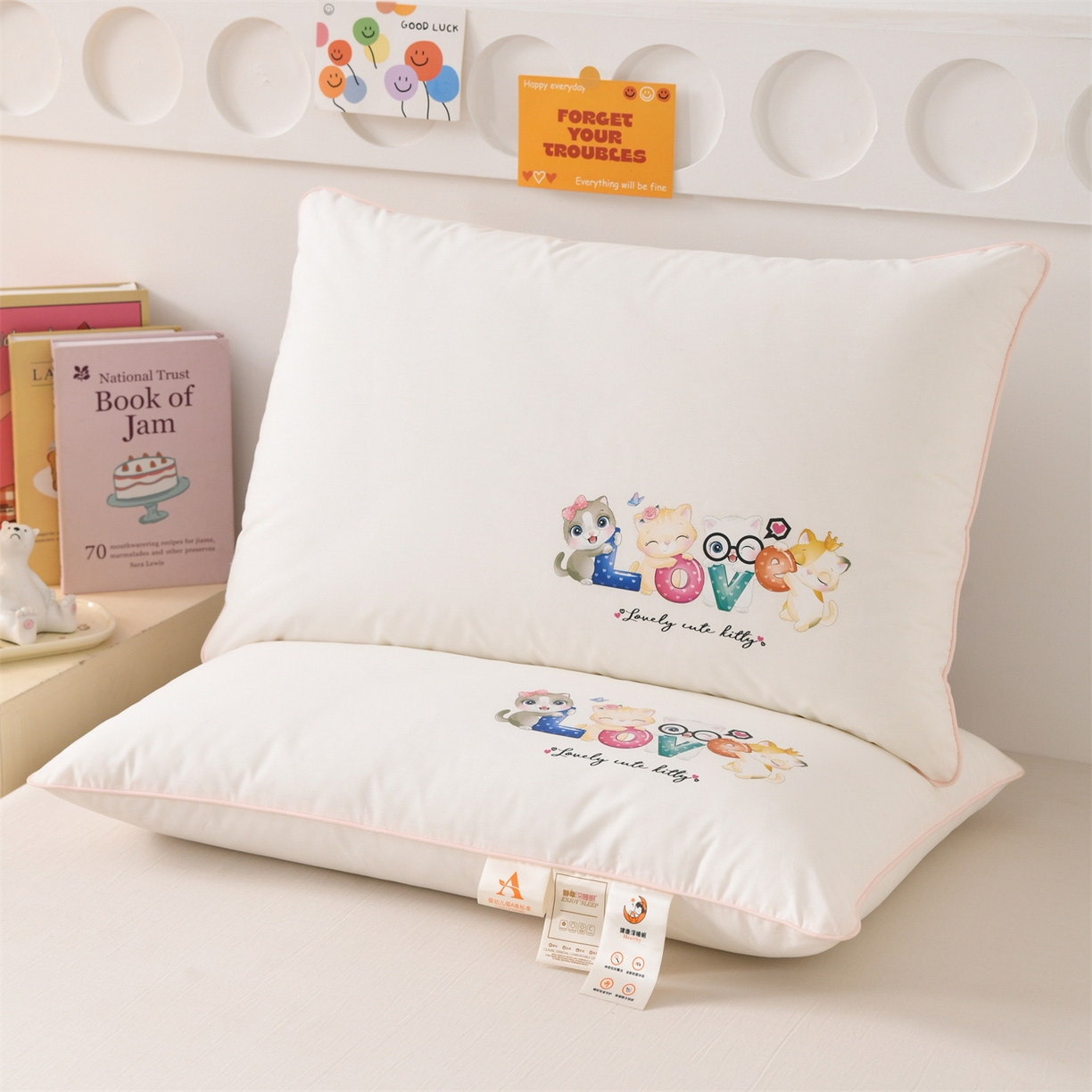 91家纺网 家纺一手货源 找家纺 织布人 2026新款A类全棉卡通软枕枕头枕芯 LOVE小猫咪