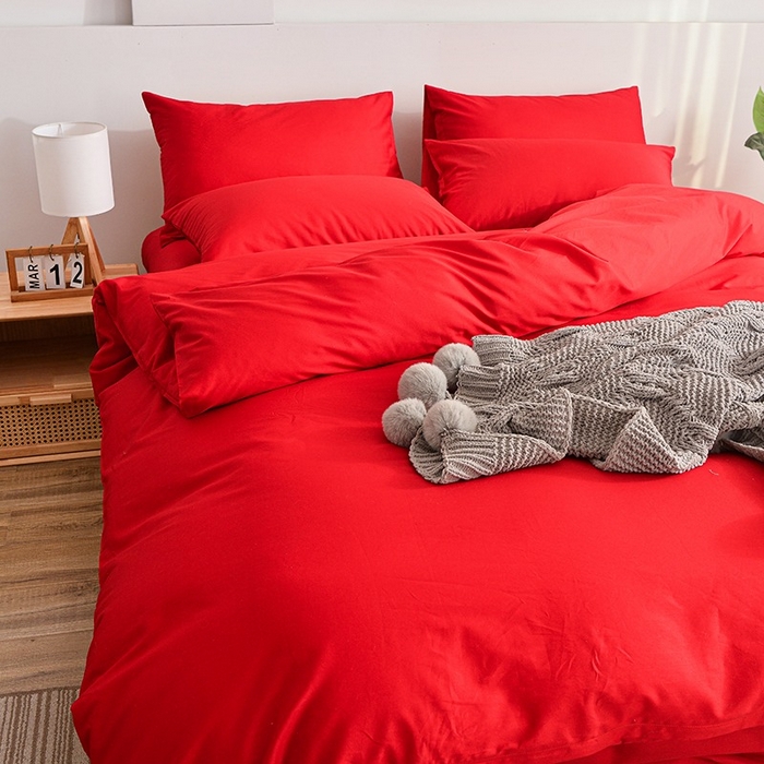 91家纺网 家纺一手货源 找家纺 柏钧家纺 2026新款ins简约纯色亲肤磨毛可定制外贸尺寸被套枕套三件套芦荟棉 大红色