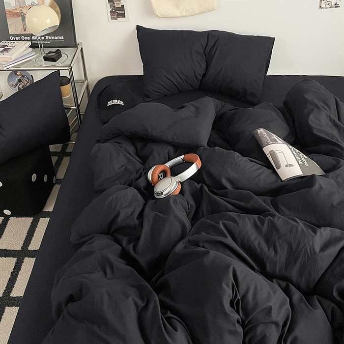 91家纺网 家纺一手货源 找家纺 柏钧家纺 2026新款ins简约纯色亲肤磨毛可定制外贸尺寸被套枕套三件套芦荟棉 深黑