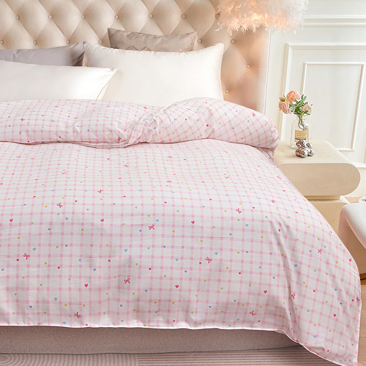 91家纺网 家纺一手货源 找家纺 小雨家纺 2026新款云锦棉韩版印花单被套系列 爱彩（樱花粉）