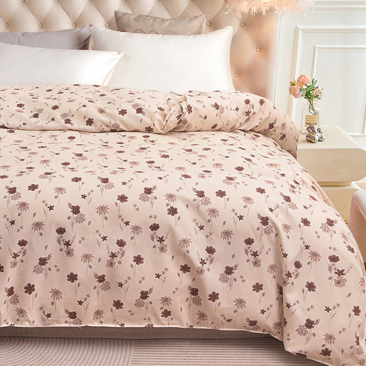 91家纺网 家纺一手货源 找家纺 小雨家纺 2026新款云锦棉韩版印花单被套系列 花屿（拿铁棕）