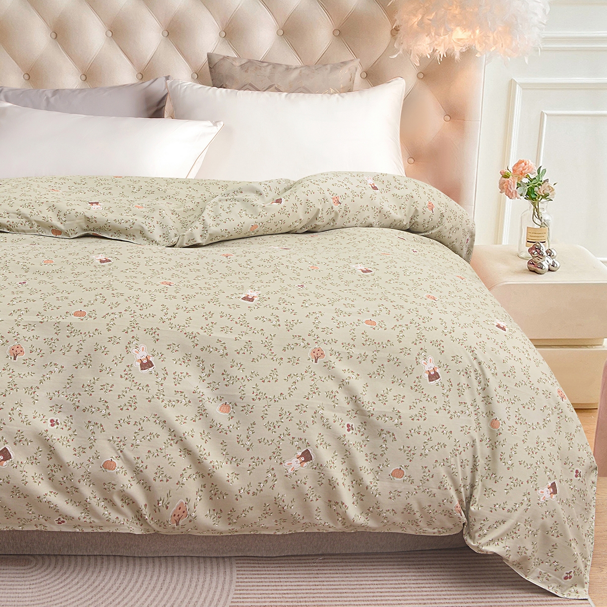 91家纺网 家纺一手货源 找家纺 小雨家纺 2026新款云锦棉韩版印花单被套系列 爱乐兔（拿铁棕）