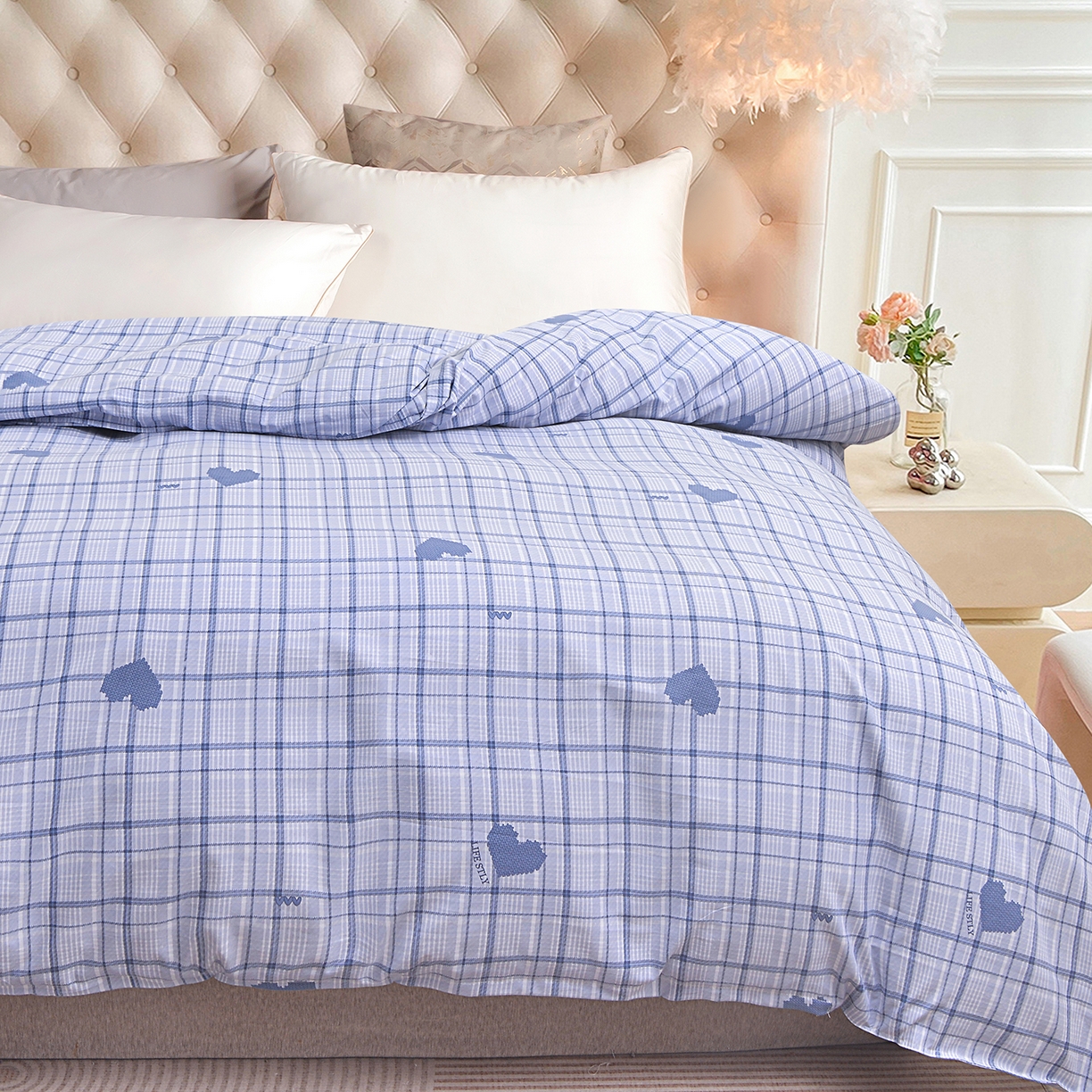 91家纺网 家纺一手货源 找家纺 小雨家纺 2026新款云锦棉韩版印花单被套系列 怦然心动（冷凝灰）