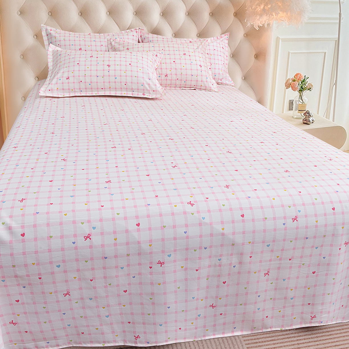 91家纺网 家纺一手货源 找家纺 小雨家纺 2026新款云锦棉韩版印花单床单系列 爱彩（樱花粉）