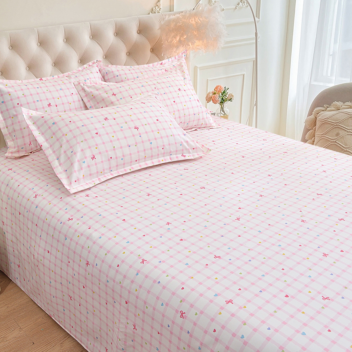 91家纺网 家纺一手货源 找家纺 小雨家纺 2026新款云锦棉韩版印花单床单系列 爱彩（樱花粉）