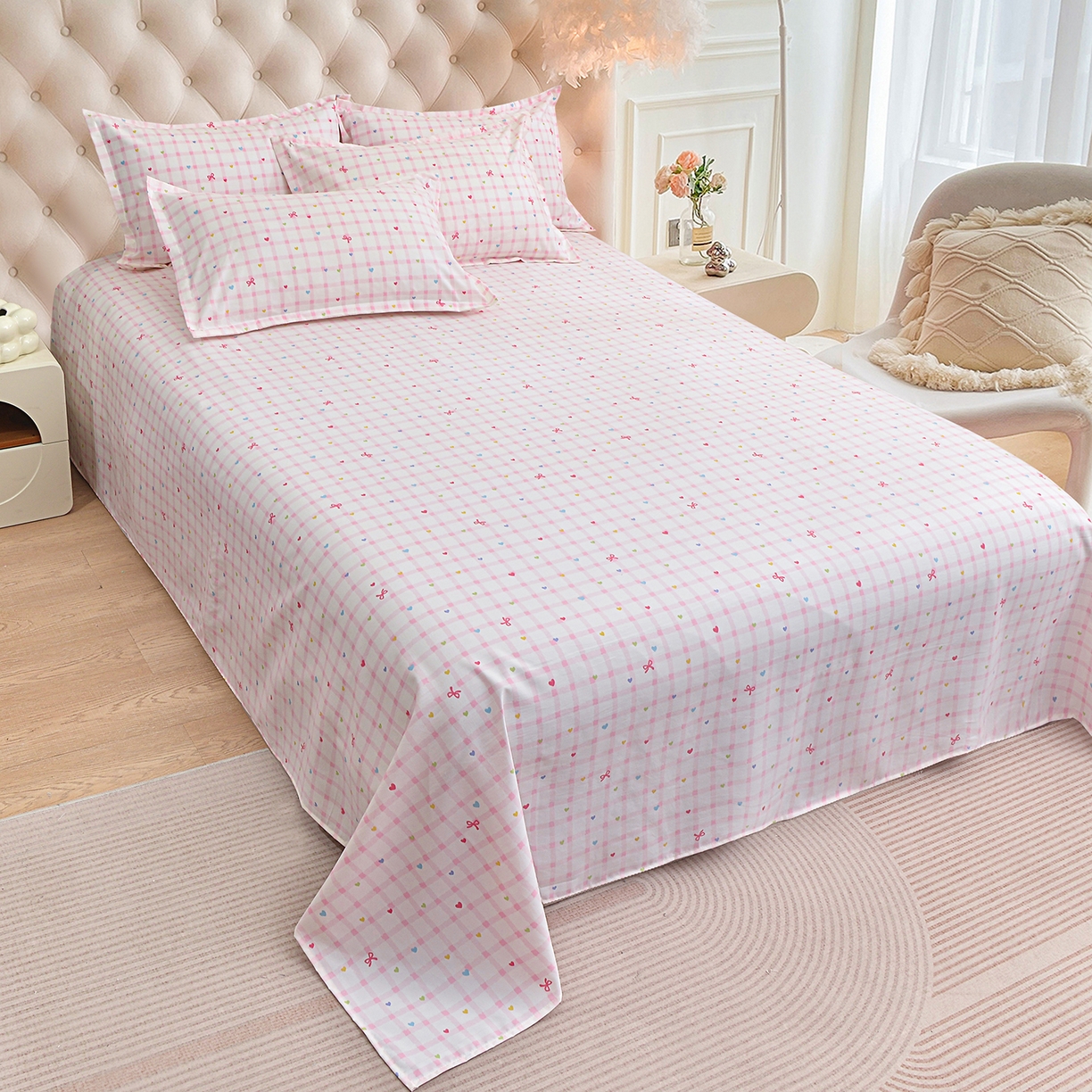 91家纺网 家纺一手货源 找家纺 小雨家纺 2026新款云锦棉韩版印花单床单系列 爱彩（樱花粉）