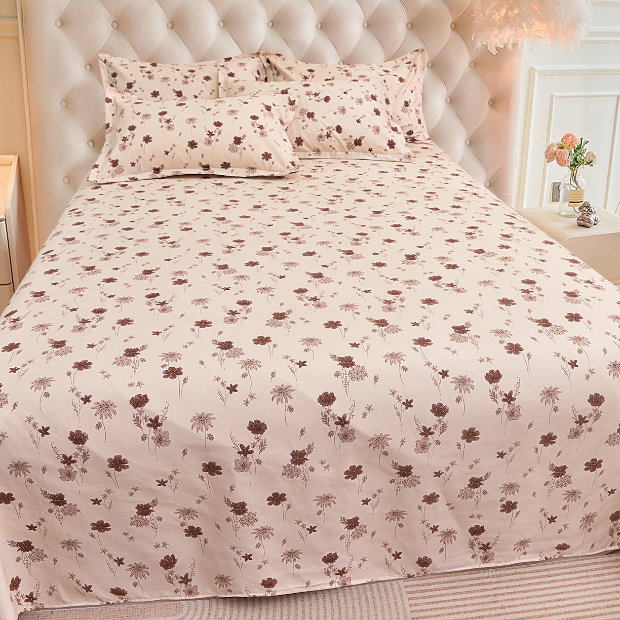 91家纺网 家纺一手货源 找家纺 小雨家纺 2026新款云锦棉韩版印花单床单系列 花屿（拿铁棕）