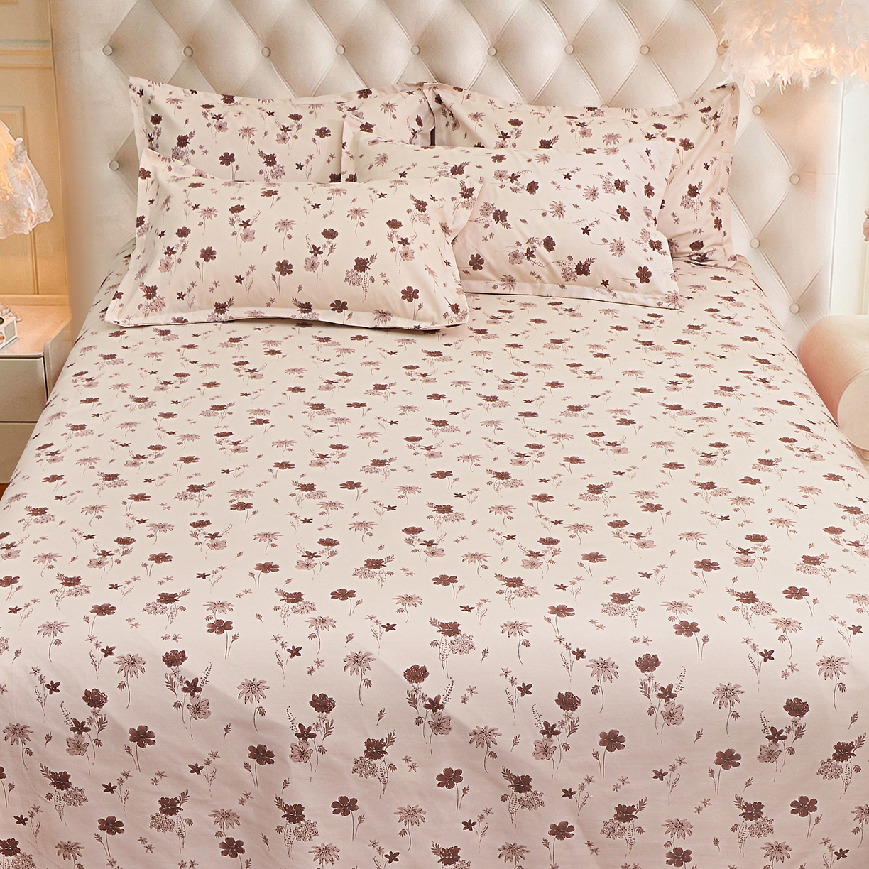 91家纺网 家纺一手货源 找家纺 小雨家纺 2026新款云锦棉韩版印花单床单系列 花屿（拿铁棕）