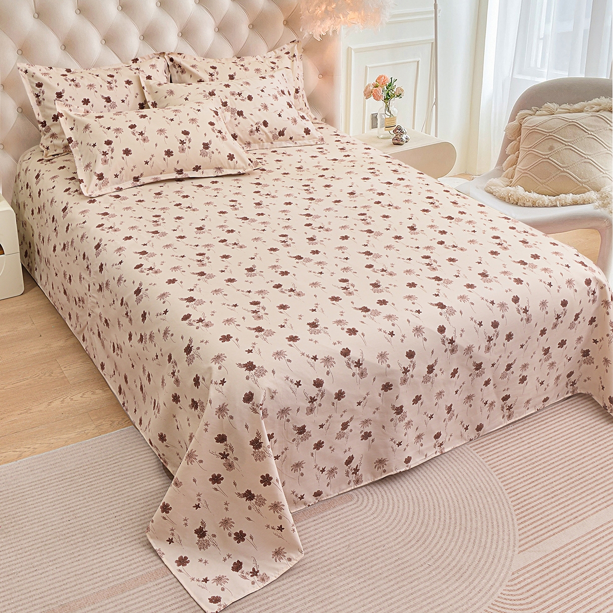 91家纺网 家纺一手货源 找家纺 小雨家纺 2026新款云锦棉韩版印花单床单系列 花屿（拿铁棕）